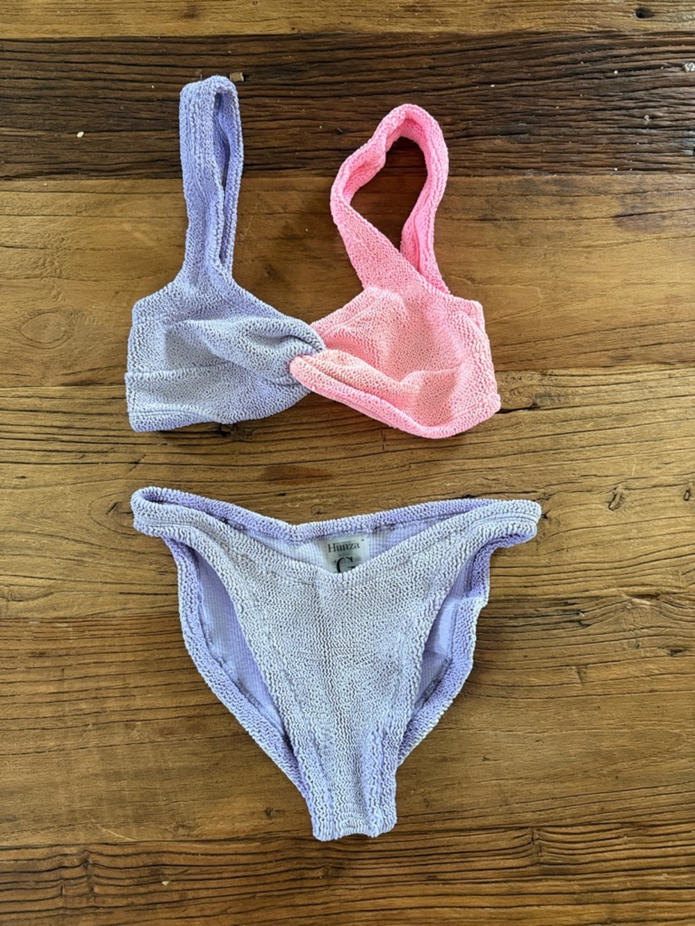 Hunza G Textured Two-Piece Bikini Top & Bottom — Lavender and Pink